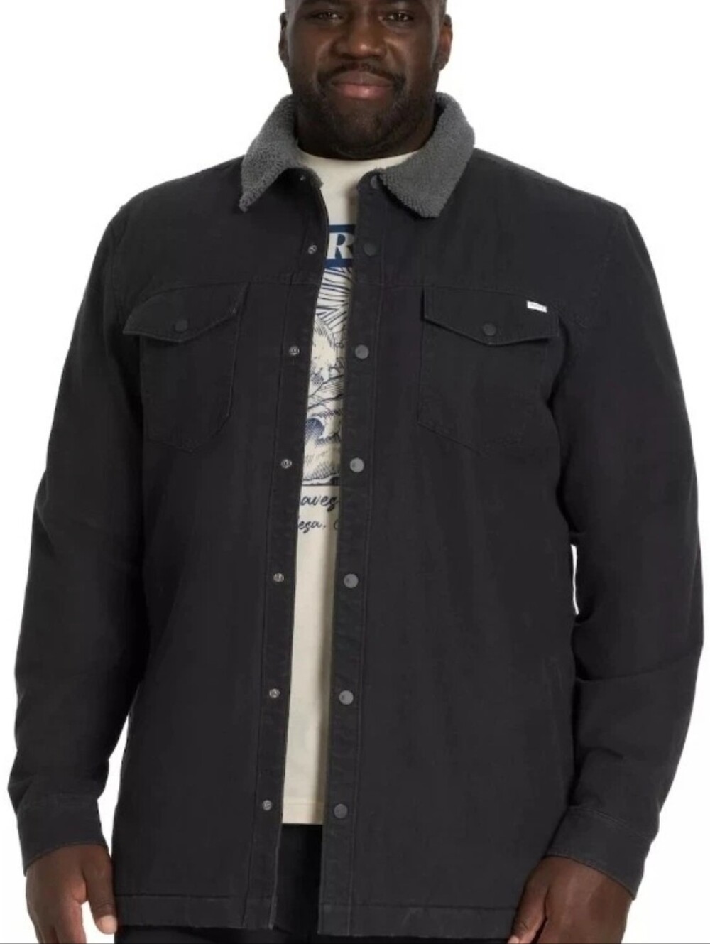 Hurly Men's Black Canvas Shacket Grey Sherpa Collar XXL NWOT!